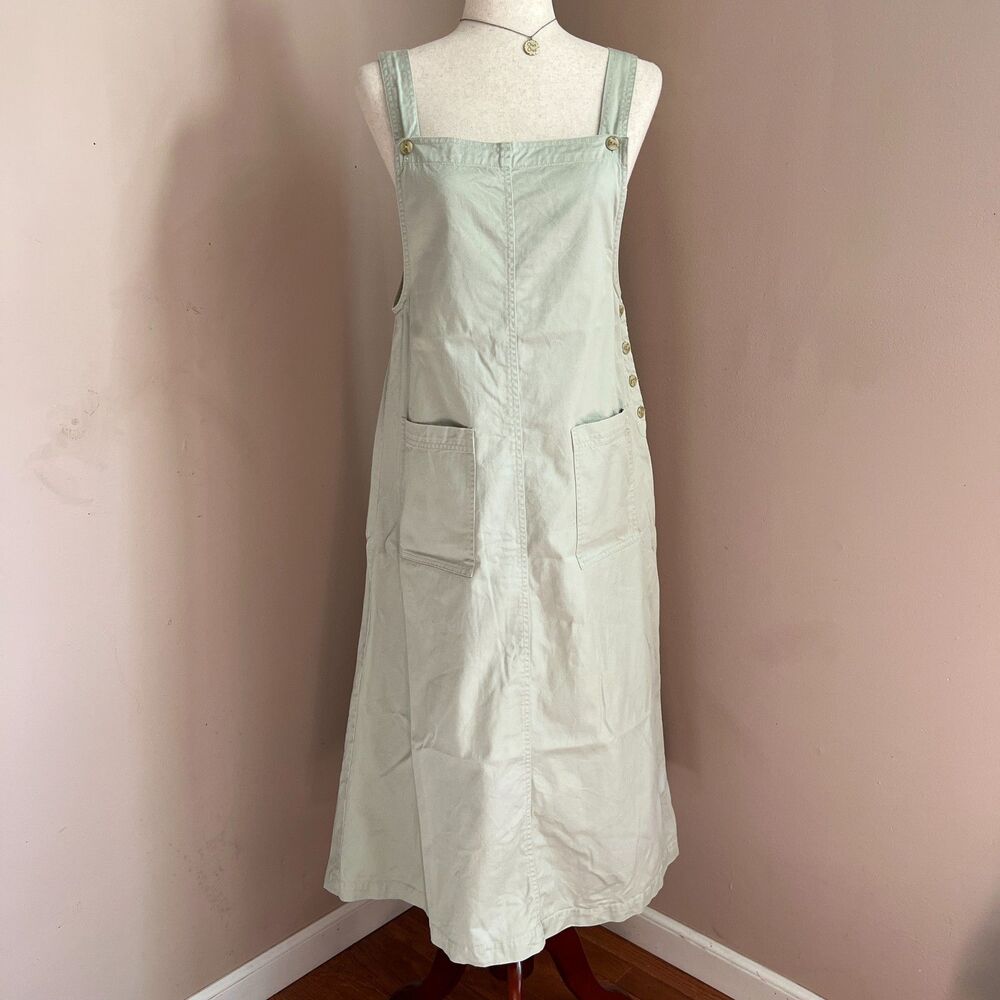 Susan Bristol Green Cotton Jumper Overall Dress Pinafore Midi Cottage Artsy 10P